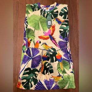 Farm Rio Dress Sleeveless Mini Shift Tropical Floral Parrot 100% Cotton XL NWT